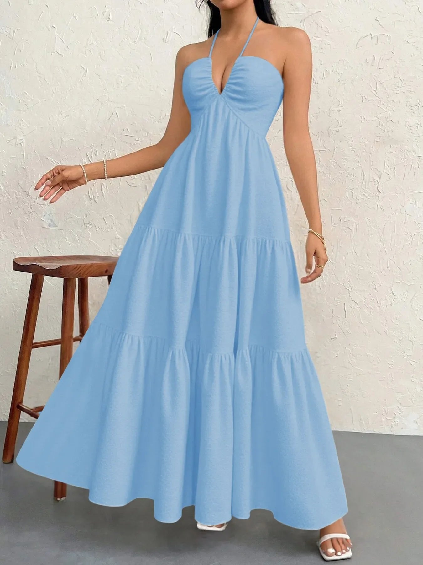Vestido Halter Midi Escalonado