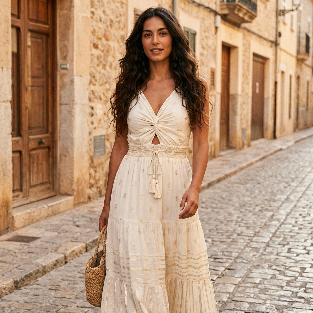 Vestido Maxi Boho Dorado - Modelo natural 28 años