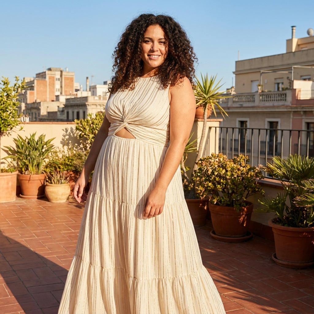 Vestido Maxi Boho Dorado - Modelo curvy 33 años